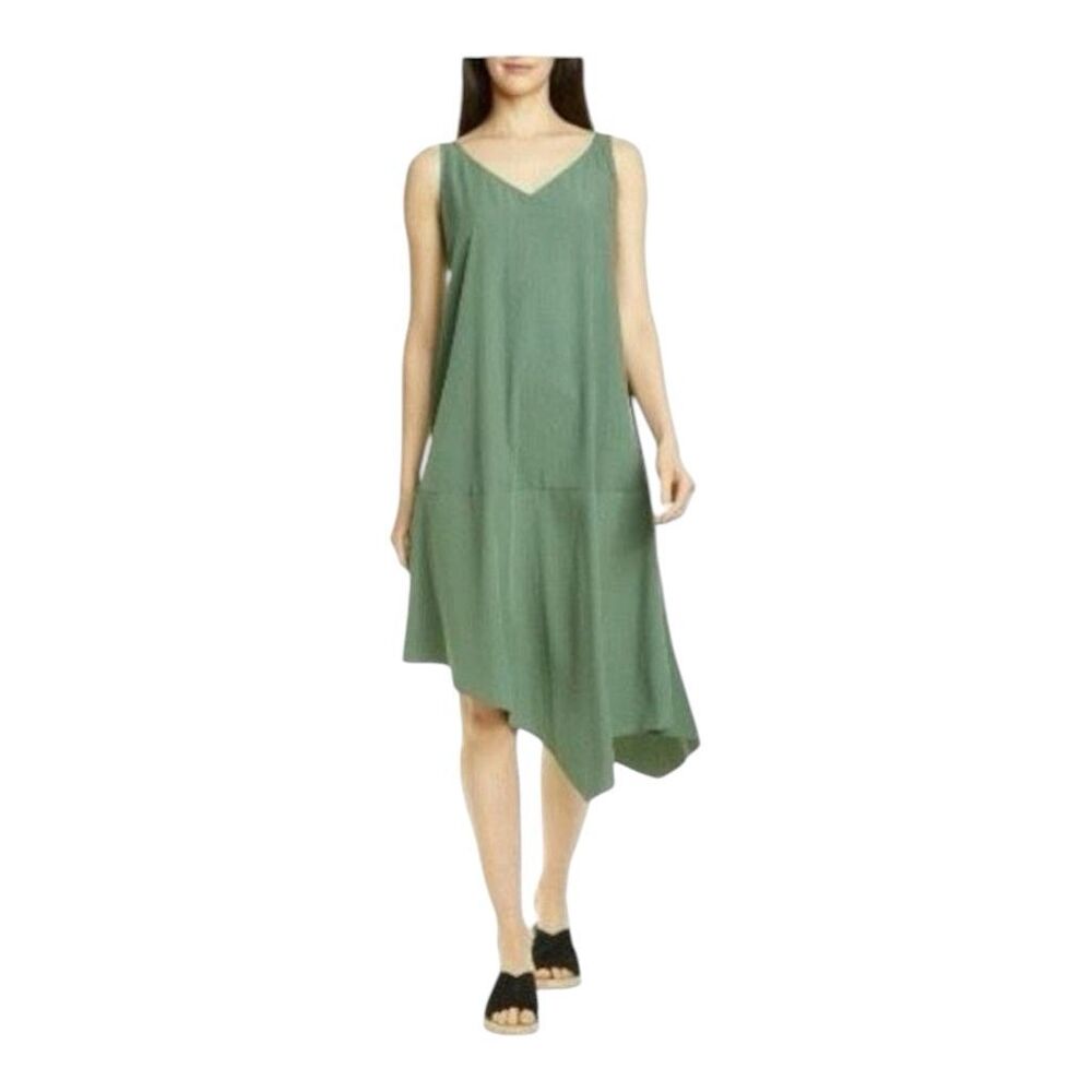 Eileen Fisher V Neck Asymmetrical Green Tencel Shift Dress Size S Asymmetrical
